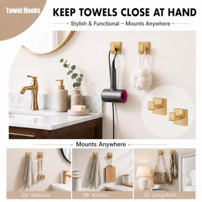 5-Piece Brushed Gold Bathroom Accessorys Stainless Steel Towel Bar Set | Square Wall Mounted Towel Rack with Toilet Paper Holder Towel Ring and Hook for Bathroom Outdoor Shower - color: Brushed Gold