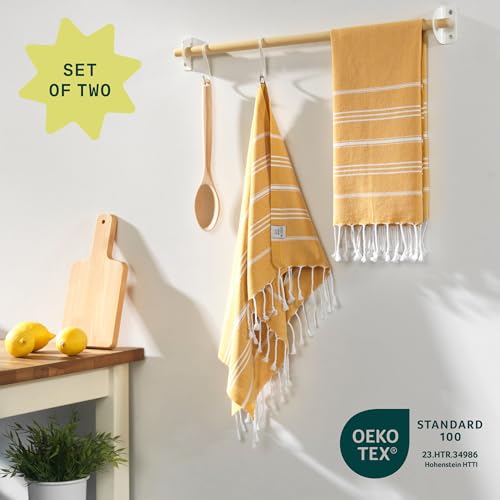 WETCAT Turkish Hand Towels with Hanging Loop, Set of 2 (20" x 30") 100% Turkish Cotton, Pre-Washed, Quick Drying, for Kitchen or Bathroom - Honey Gold - color: Honey Gold