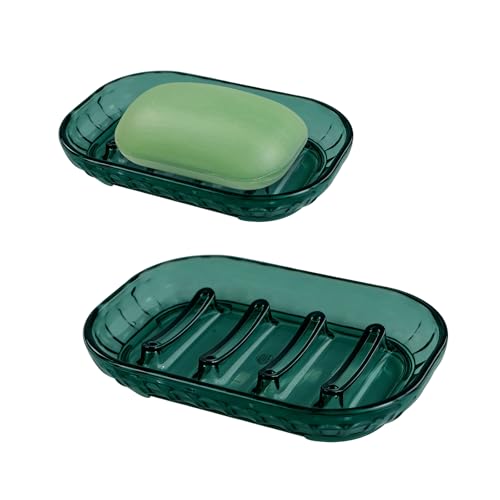 2 Pcs Self Draining Waterfall Clear Plastic Bar Soap Holder,Green | Clear Plastic Waterfall Drain Tray, Easy Clean Soap Saver, Multi-Scene For Shower, Bathroom, Kitchen Sink and Hotel Counter