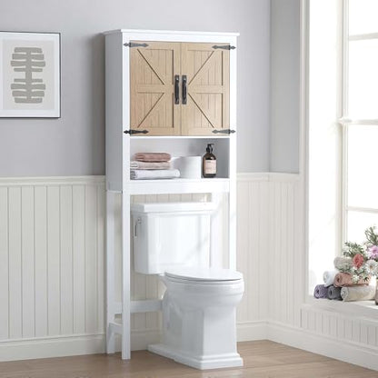 Spirich Over the Toilet Storage Cabinet with Wood-Grain Barn Doors, White | Adjustable Shelves, 33-Inch Toilet Clearance, Adjustable Bottom Rail, Anti-Tip Device, Farmhouse Style, FSC-Certified Wood