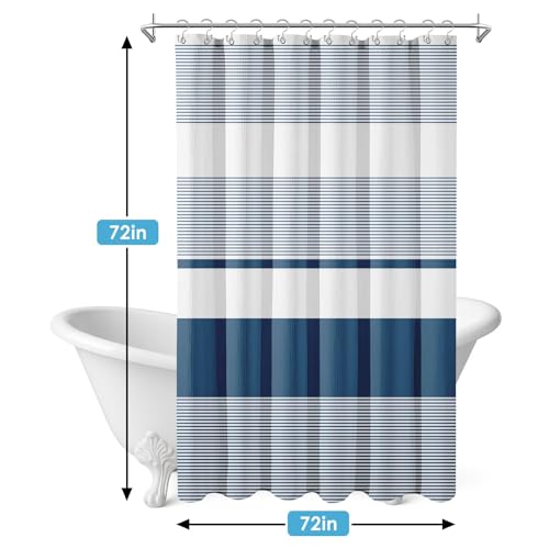 3 in 1 Shower Curtain and Liner,72 x 72 inch, Blue Geometric | Striped Modern Shower Curtain and PEVA Liner Set with 12 Rust-Resistant Metal Hooks, Waterproof Fabric Curtains for Bathroom - color: Blue