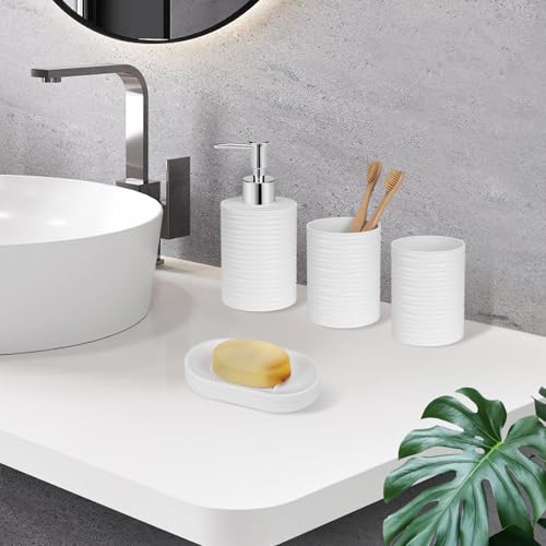Plastic Bathroom Accessories Set 4Pcs, White Bathroom Accessory Set Includes Liquid Soap Dispenser with Rust-Proof Plastic Pump, 2Pcs Bathroom Cup, Soap Dish for Modern Home Apartment - color: White