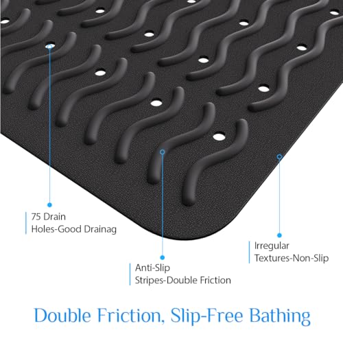 Non Slip Bathtub Mat & Shower Mat, 31x15'' Anti Slip Bath Mat for Tub, Soft TPE Anti-Skid Bathroom Mat with 194 Suction Cups & Drain Holes, Wave-Textured Grip, Machine Washable, Black - color: Black