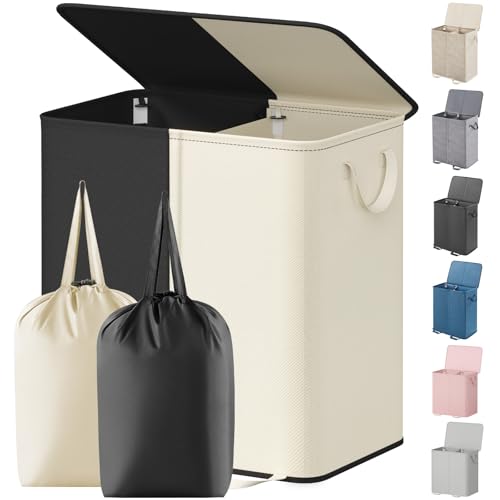 Lifewit Double Laundry Hamper with Lid and Removable Laundry Bags, Large Collapsible 2 Dividers Dirty Clothes Basket with Handles for Bedroom Laundry Room Closet Bathroom College, 136L White&Black - color: White&black, size: 136L