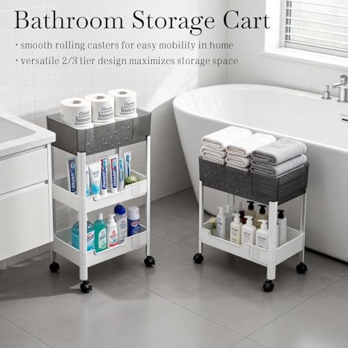 3 Tier Rolling Cart with Wheels 4.7'' Deep Baskets Bathroom Storage Shelf Heavy Duty Plastic Bedside Cart, Large Capacity Snack Stand Diaper Caddy Laundry Room Kitchen Organizer, White - size: 3-tier
