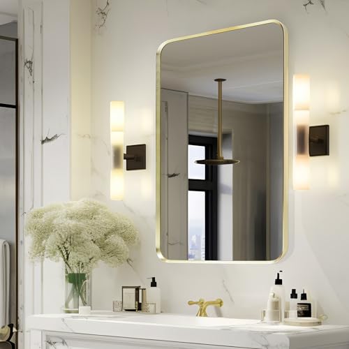 Gold Bathroom Mirror 20x30in, Metal Framed Rounded Rectangle Wall | Tempered Glass, Anti-Rust Frame, Hangs Horizontal or Vertical, HD Reflection Clarity - color: Gold, size: 30"L x 20"W, style: Rectangle