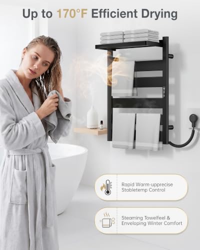 6-Bar Wall Mounted Heated Towel Rack, 170°F Heating Black | Bathroom Towel Warmer with Top Shelf, Memory Function, Adjustable 110–170°F Temperature, 2–12H Timer, Space Saving Design - color: Black, size: ZW 6-Bars