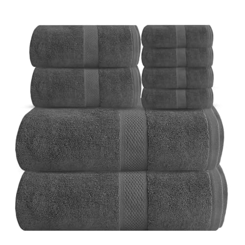 Ocean Towel Set for Bathroom 100% Luxury Cotton Bath Towels Set of 8 (2 Bath Towel and 2 Hand Towel Set & 4 Wash Cloth) - Grey Soft Towels Bathroom Set 600 GSM Double Stitched for Durability - color: Grey