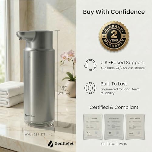 GentleJet CrystalJet Automatic Liquid Soap Dispenser Touchless Sensor, Stainless Steel, USB-C Rechargeable, Waterproof Kitchen & Bathroom Countertop Soap Dispenser, 300 ml - color: Silver