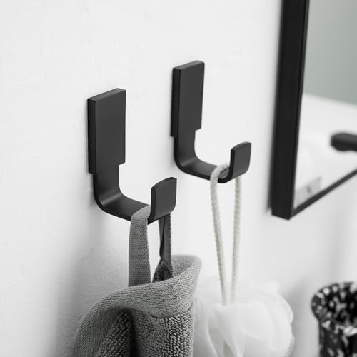Brass Towel Hook, Bathroom Robe Coat Clothes Hook, Matte Black, 2 Pack | Wall Mounted with Screws for Bathroom, Kitchen, Hotel, Garage, Laundry, Square Coat and Hat Hooks, Rustproof & High Quality - color: Matte Black, size: 2 Pack
