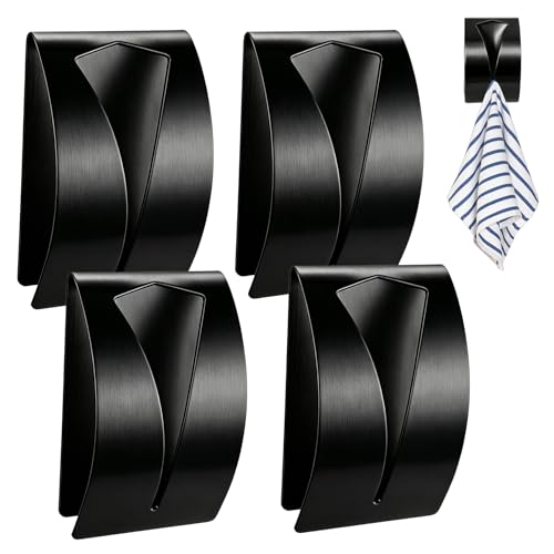 Self Adhesive Towel Hook Holder, 4Pcs Stainless Steel Kitchen Dish Towel Hook Grabber Wall Mount Non Drilling Hangers Shower Wall Hand Towels Hooks for Home Bathroom Kitchen Accesories, Black - color: Black, size: 4 PCS