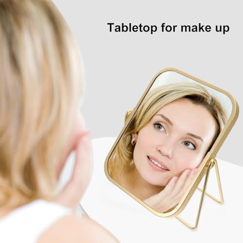 Vanity Makeup Mirror with Stand Double-Sided Swivel Tabletop Mirror for Makeup Desk Bathroom Countertop Dressing Table Bedroom Dresser Golden Metal Frame 7.87 * 6.1 * 2.71inch