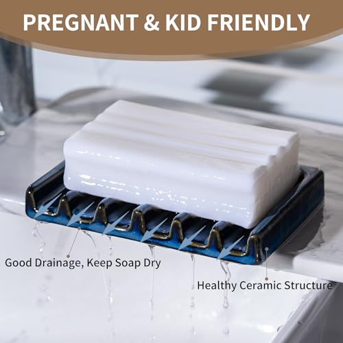 Tanew Self Draining Premium Ceramic Soap Dish, Bar Waterfall Soap Dish, Shower Soap Holder Sponge Holder Soap Tray Savers for Bathroom, Shower, Kitchen, Sink and Countertop - color: Blue