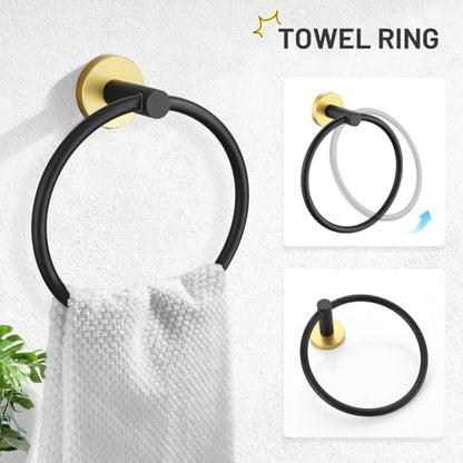 TURS Black and Gold 5 Piece Bathroom Hardware Set, SUS304 Stainless Steel Gold Black Towel Bar Set, 24 Inch Rould Bathroom Accessories Kit Wall Mounted - color: Black&gold