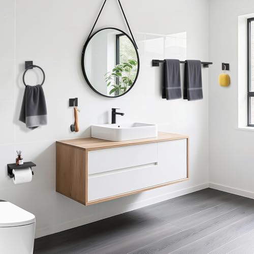TURS 5-Pieces Matte Black Bathroom Hardware Set 23.6 Inch SUS304 Stainless Steel Towel Bar Set Wall Mounted Square Toilet Paper Holder with Shelf - color: Matte Black, size: 5-Pieces Set