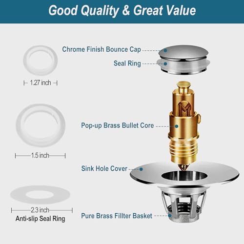 Universal Bathroom Sink Stopper - Upgraded Pop up Drain Strainer with Hair Catcher, Fits 1.1-1.5 Inch U.S. Standard Drain Holes - Anti-Clogging Filter - Pure Brass Construction