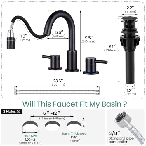 Bathroom Faucet 3 Hole with Pull Down Sprayer, Oil Rubbed Bronze | Lead-free stainless steel, pop-up drain, 2-handle, 360°swivel, 8-inch widespread Faucet for RV/vanity sink, 3-hole mount - color: 2-Oil Rubbed Bronze, style: 8 Inch Pull Down