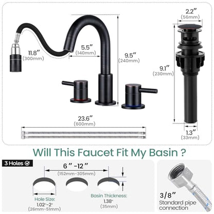 Bathroom Faucet 3 Hole with Pull Down Sprayer, Oil Rubbed Bronze | Lead-free stainless steel, pop-up drain, 2-handle, 360°swivel, 8-inch widespread Faucet for RV/vanity sink, 3-hole mount - color: 2-Oil Rubbed Bronze, style: 8 Inch Pull Down