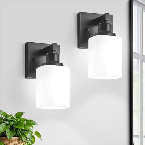 Set of 2 Wall Sconces for Bathroom, Black Bathroom Vanity Light,Modern Wall Sconces Indoor with Square Frosted Glass,Farmhouse Wall Lamp for Bedroom Living Room Mirror Hallway - color: Black, size: 1-Light(2 Pack)
