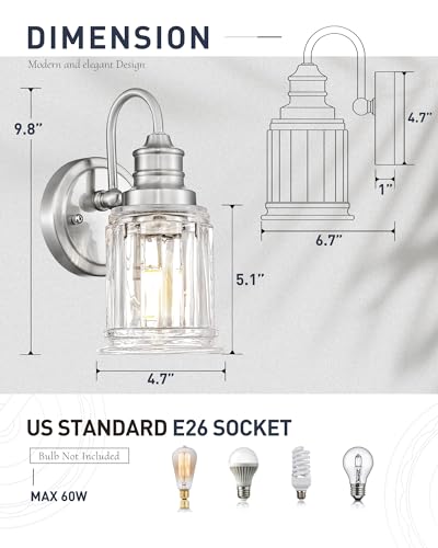 Brushed Nickel Wall Sconce, HWH Modern Sconce Wall Lighting Vanity Sconce Lights for Bathroom, 1-Light Wall Sconce with Bell-Shaped Fluted Glass, 5HZG106B BN - color: Brushed Nickel, size: 1-Light