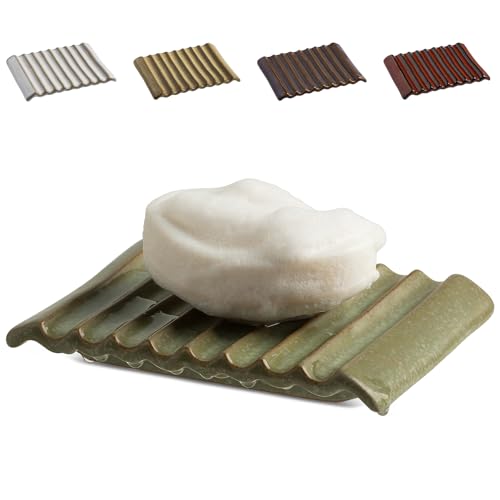 Zoeeker Soap Dish, Ceramic Bar Soap Holder for Shower with Self Drain | Rectangular Soap Tray Paint Brush Holder, Non-Slip Bathroom Accessories for Soap, Sponges, Scrubber, Razor, Brushes, Green - color: Green, size: Wave