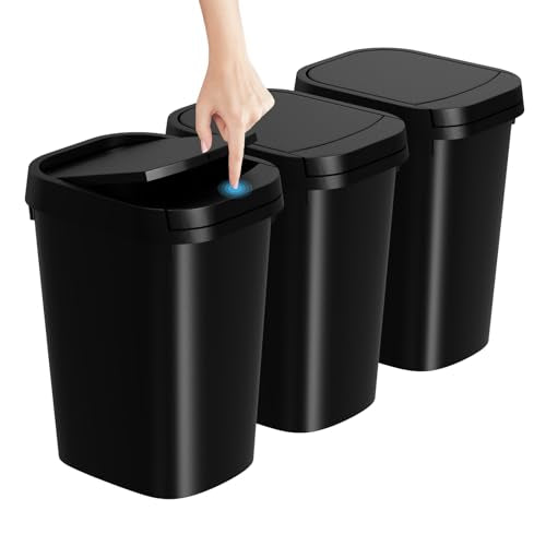 KSSKSS 3 Pack Bathroom Small Trash Can with Lid, 2.6 Gallon Slim Garbage Bin with Pop-Up Lid, 10L Plastic Wastebasket for Bedroom, Office, Kitchen, Toilet (Black) - color: Black