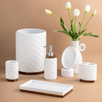 RQYIXI 6Pcs Ceramic Bathroom Accessories Set,Cream White,Embossed Textured | Ceramic & Wooden Bathroom set includes: Soap Dispenser Toothbrush Holder Tray Tumbler Soap Dish Trash Can - color: B-white