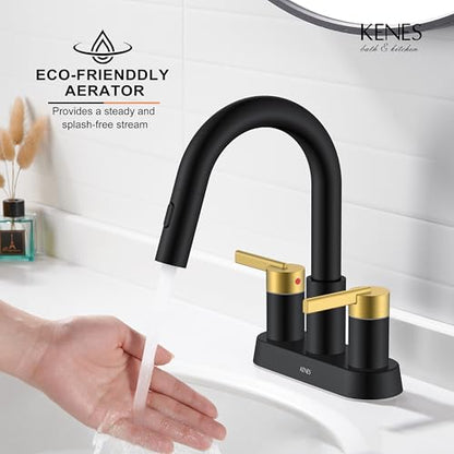 Black and Gold Centerset Pull Down Bathroom Faucet 4 Inch 2 Handle | Pull Out Bathroom Faucet with Pop Up Drain & Supply Lines, Lead-Free cUPC & NSF Certified, 3 Hole Faucet for Vanity RV Bar - color: Black & Gold