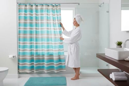 Striped Fabric Shower Curtain, Aqua Brown White Coastal Design, 70 x 72 Inches, with Hooks - color: Wendy Blue