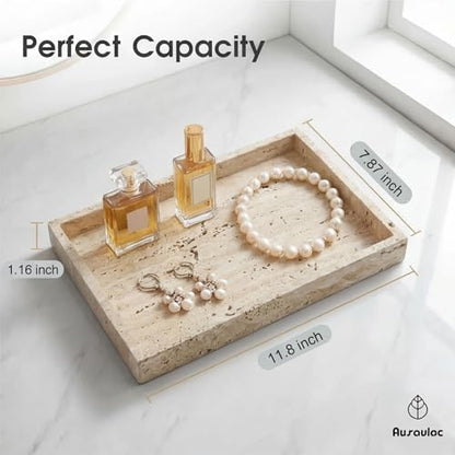 Natural Travertine Tray Heavyweight Stone Vanity Tray for Bathroom Countertop, Coffee Table & Dresser - Handcrafted Rectangular Organizer (Beige X, 12" x 8" x 1.2") - color: Beige X