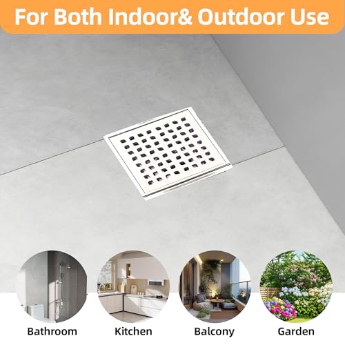 6-Inch Square Shower Drain Kit with Bonding Flange, Brushed Silver | Removable 304 stainless steel grate with hair strainer; fits 2- and 3-inch pipes for tiled shower floors and wet areas - size: 6in-Brushed Stainless Steel