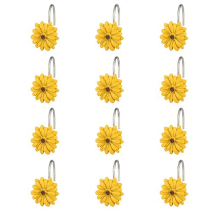 Twofish Home Sun Flower Shower Curtain Hooks Anti Rust Shower Curtain Hooks Decorative Resin Sun Flower Shower Curtain Rings Set of 12 - color: Sun Flower