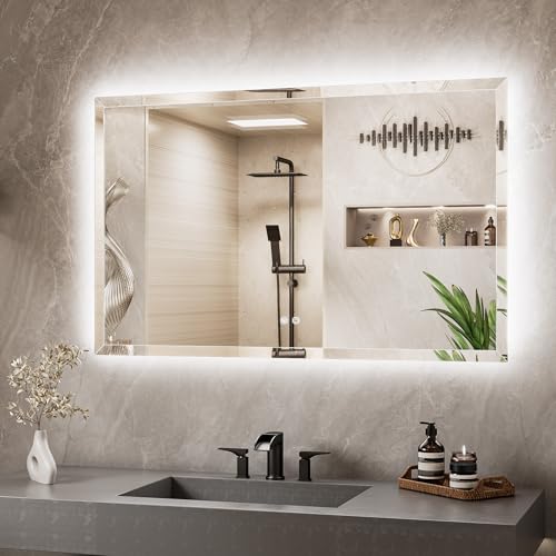 48 x 30 Backlit Mirror Bathroom, LED Vanity Mirror with Beveled Edge, Tempered Glass, 3 Colors Lights, Anti-Fog, Adjustable Brightness, Smart Bathroom Mirror, Frameless LED Vanity Wall Mirror - size: 30"L x 48"W