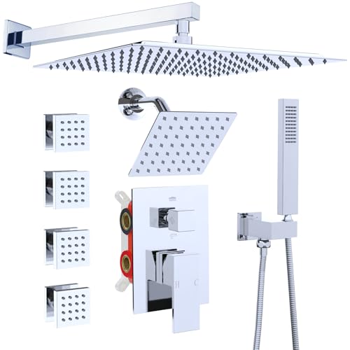 Enga Dual Shower Head System with Body Jets, 12"+ 6" Wall Mounted Dual Rain Shower Faucet with Valve Kit, Chrome - color: Chrome, style: Wall-12"+6"+Jets