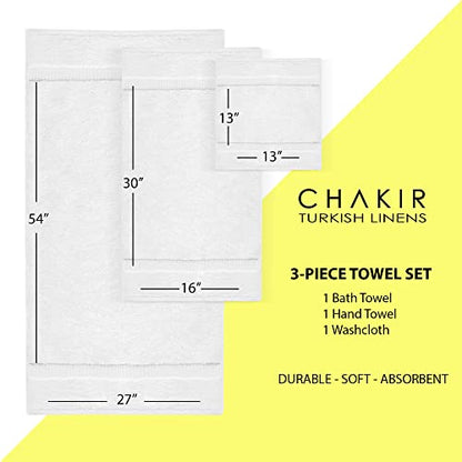 Chakir Turkish Linens Personalized 3 Piece Towel Set, 100% Cotton Luxury Turkish Towels for Bathroom, Soft Absorbent Towel Set with Bath Towel Hand Towel and Washcloth, White - color: White