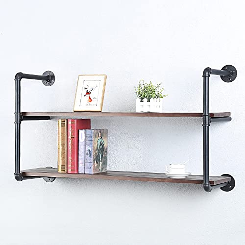 Industrial Pipe Shelves With Wood Planks,Rustic Pipe Shelving Wall Shelf | Metal Pipe Solid Pine Wood,Easy to Assemble,Wooden Board Thickness 0.78 In,For Bar Farmhouse Kitchen Office Bathroom,Bedroom - color: 2-layer, size: 42in