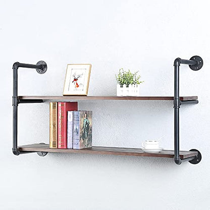 Industrial Pipe Shelves With Wood Planks,Rustic Pipe Shelving Wall Shelf | Metal Pipe Solid Pine Wood,Easy to Assemble,Wooden Board Thickness 0.78 In,For Bar Farmhouse Kitchen Office Bathroom,Bedroom - color: 2-layer, size: 42in