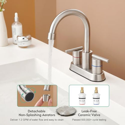Faustina Brushed Bathroom Faucet, 4 Inch Centerset Faucets for Sink 2 Holes 3 Holes，Two Handles 304 Stainless Steel Bathroom Sink Faucet with Pup up Drain and 2 cUPC Water Supply Lines for RV Vanity - color: Brushed, style: Modern Centerset