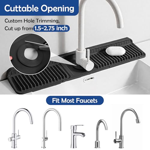 24"Longer Silicone Faucet Mat For Kitchen Sink Splash Guard Black, 24"x5.5" | 7° Slope Snap Lock- Sink Faucet Mat Splash Guard Kitchen Sink Area Silicone Sink Water Splash Guard Behind Faucet - color: Black
