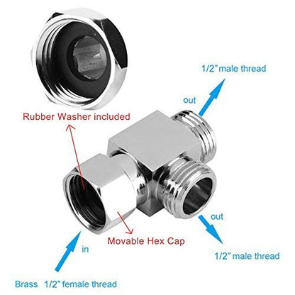 1/2" Brass Chrome 3 Way Diverter, Hose Fitting Tee, T Shape Adapter Connector for Angle Valve Hose, Bath Shower Arm, Toilet Bidet Sprayer Faucet - color: chome