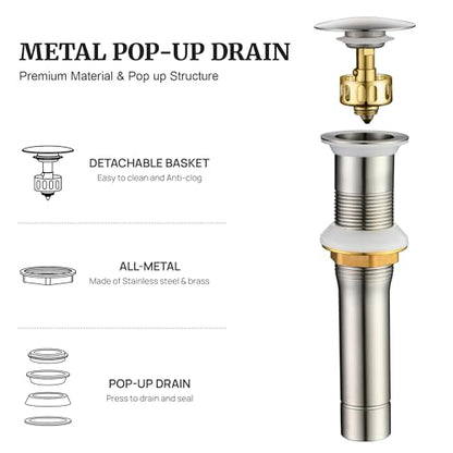 Pop up Sink Drain Stopper Without Overflow Brushed Nickel for Bathroom Vessel Vanity Sink Art Basin, Big Cap Sink Drain Without Overflow, Metal Pop-up Drain Strainer with Detachable Basket Stopper - color: Brushed Nickel, style: without overflow
