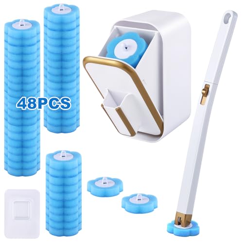 wlich Disposable Toilet Brush Set With 48 Refills, Wall-Mount Holder | Flexible Scrubbing Head, Hygienic Toilet Cleaning, Wall-Mounted Storage for Homes, Apartments, Dorms, Offices, Hotels - color: White+Gold - 48 Refills