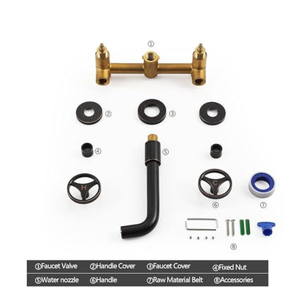 SKOWLL Wall Mount Bathroom Faucet, Industrial Look, Widespread Oil Rubbed Bronze Bathtub Faucet 2 Round Handle Vanity Sink Faucet with 360° Rotates Spout - color: Bronze