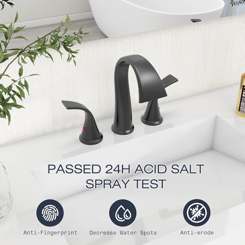 Bathroom Faucets 3 Hole Bathroom Sink Faucet with Pop Up Drain and Water Supply Hoses 8 Inch Waterfall Bathroom Faucet Two Handles for Vanity,Lavatory,Restroom,Commercial,Black - color: Black