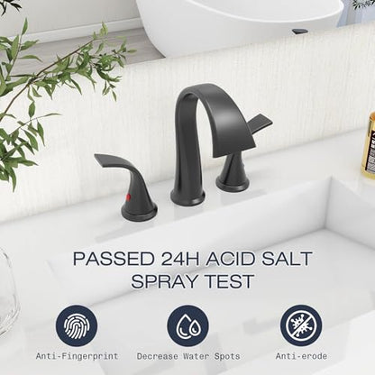 Bathroom Faucets 3 Hole Bathroom Sink Faucet with Pop Up Drain and Water Supply Hoses 8 Inch Waterfall Bathroom Faucet Two Handles for Vanity,Lavatory,Restroom,Commercial,Black - color: Black