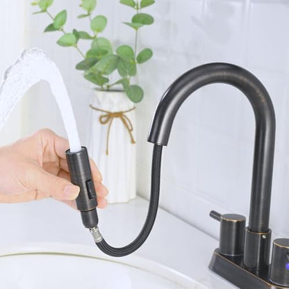 Oil Rubbed Bronze Bathroom Faucet with Pull Out Sprayer, Dual-Function Spout Bronze Bathroom Sink Faucets, 4 Inch Two Handle Utility Sink Faucet with Sprayer 3 Hole, Easy Pet Shower, RVs - color: Oil Rubbed Bronze