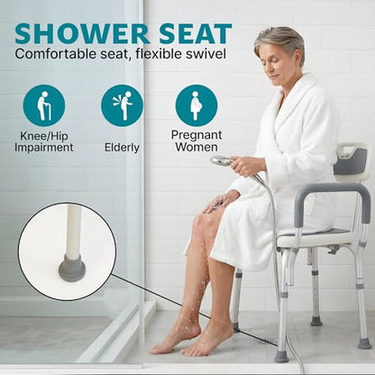 Dr. Aid Shower Chair, 6-Height Adjustable, 400 lbs, Grey Seat Cushion | Height Adjustable, Anti-Slip, Tool-Free Assembly, Arms & Back Support