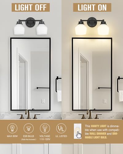 Emak 2-Light Vanity Light, Modern Farmhouse Black Bathroom Fixture Over Mirror With Milk Glass Shade, VL122-BK-ML-2 - color: Black & White Glass, size: 2 Light