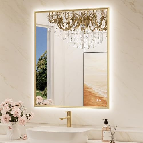 TokeShimi 30"x 36" Bathroom Mirror Backlit with Gold Frame, Dimmable Backlight LED Lighted Vanity Mirror with Shatter-Proof, Memory, 3 Colors, Anti-Fog Mirror with HD Tempered Glass - color: Gold, size: 30"L x 36"W, style: Backlit