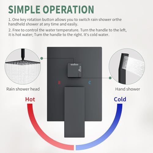 SunCleanse Rainfall Shower Faucet Set with High Pressure in Matte Black | Ceiling mounted shower combo set featuring a 10" rainfall shower head, handheld spray, and rough-in shower valve. - color: Matte Black, style: 10-ceiling
